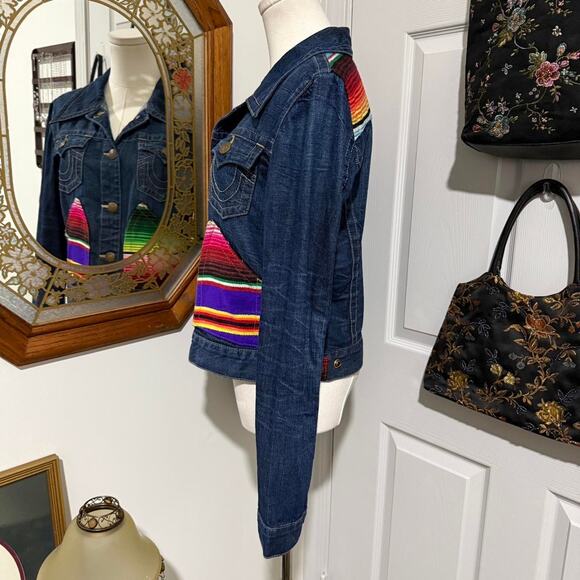 True Religion Jada Baja Dark Blue & Rainbow Retro Women's Denim Jacket L/M - Picture 4 of 8